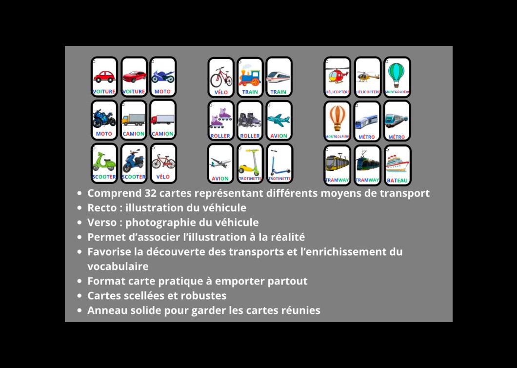 Imagier des transports - porte-clé éducatif avec illustrations et photos