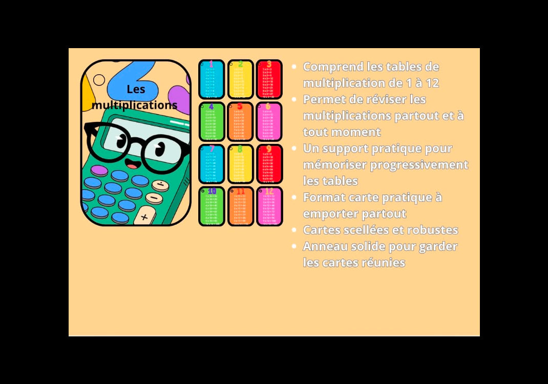 Porte-clé les multiplications - cartes des tables de multiplication à emporter